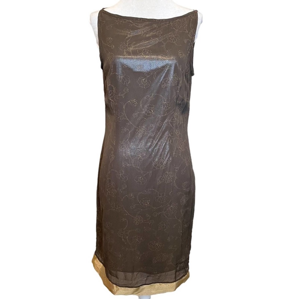 Vintage Carole Little Brown Metallic Floral Y2K Shift Dress Size 6